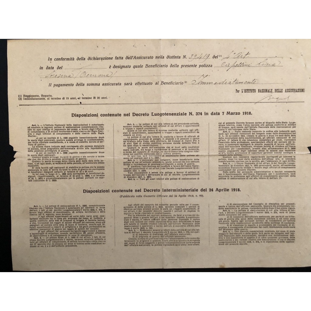 1918 POLIZZA PER GLI UFFICIALI COMBATTENTI...