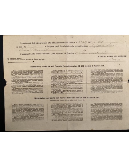 1918 POLIZZA PER GLI UFFICIALI COMBATTENTI ISTITUTO NAZIONALE DELLE ASSICURAZIONI - ROMA
