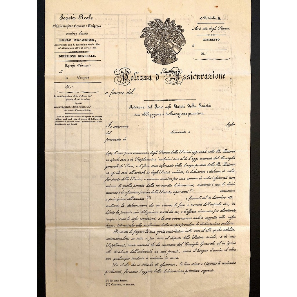 1830 SOCIETA' REALE D'ASSICURAZIONE GENERALE - POLIZZA D'ASSICURAZIONE - TORINO