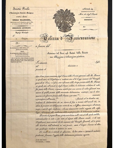 1830 - SOCIETA' REALE D'ASSICURAZIONE GENERALE - POLIZZA D'ASSICURAZIONE - TORINO