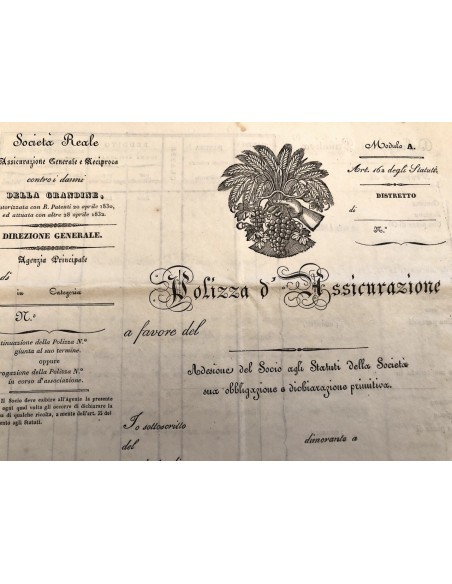 1830 - SOCIETA' REALE D'ASSICURAZIONE GENERALE - POLIZZA D'ASSICURAZIONE - TORINO