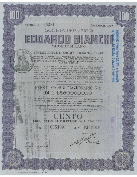 EDOARDO BIANCHI 100 OBBLIGAZIONI MILANO 1959