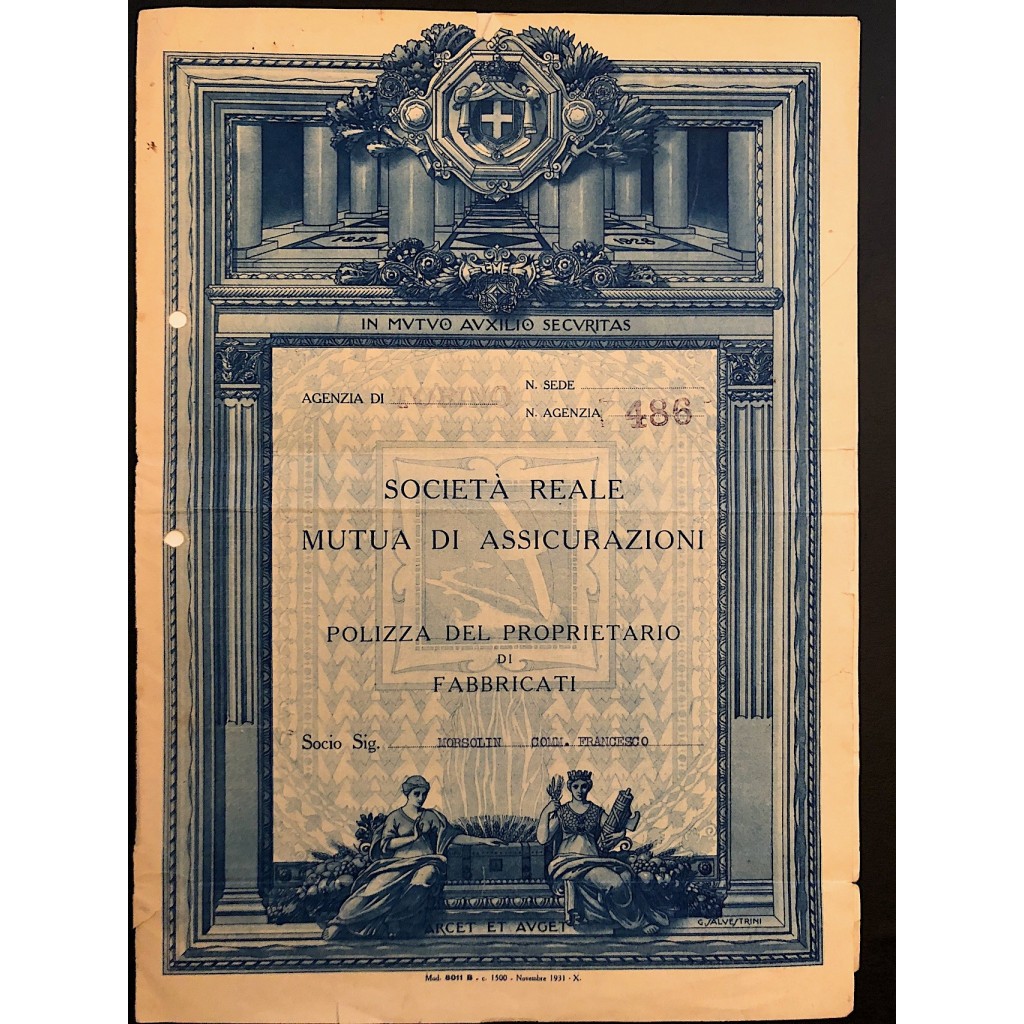 1932 - SOCIETA' REALE D'ASSICURAZIONE GENERALE - POLIZZA FABBRICATI - TORINO