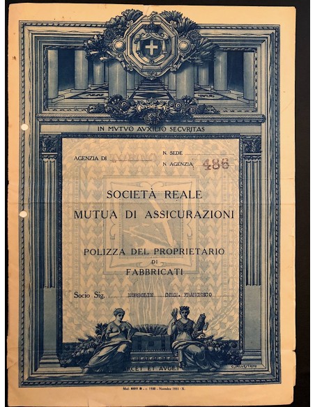 1932 - SOCIETA' REALE D'ASSICURAZIONE GENERALE - POLIZZA FABBRICATI - TORINO