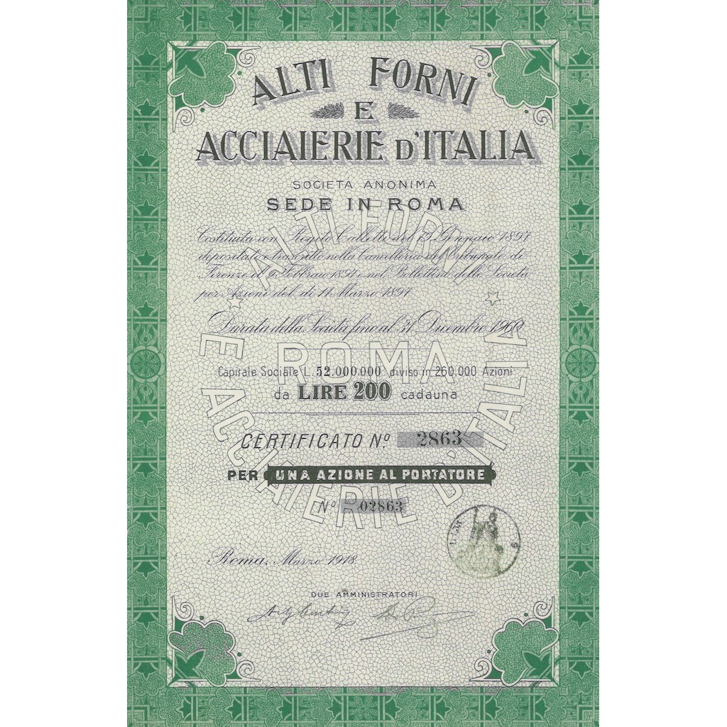 ALTI FORNI E ACCIAIERIE D' ITALIA - 1 AZIONE ROMA 1918