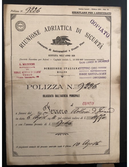 1914 - RIUNIONE ADRIATICA DI SICURTA' - POLIZZA INCENDIO - CUNEO