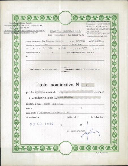 BROGGI-IZAR INDUSTRIALE - 4.000.000 AZIONI MILANO 1980