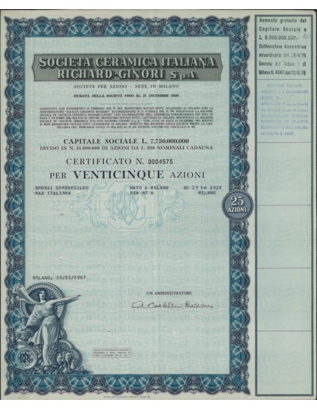 SOCIETA' CERAMICA ITALIANA RICHARD-GINORI 25 AZIONI MILANO 1967