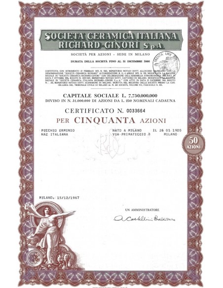 SOC. CERAMICA ITALIANA RICHARD-GINORI - 50 AZIONI MILANO 1967