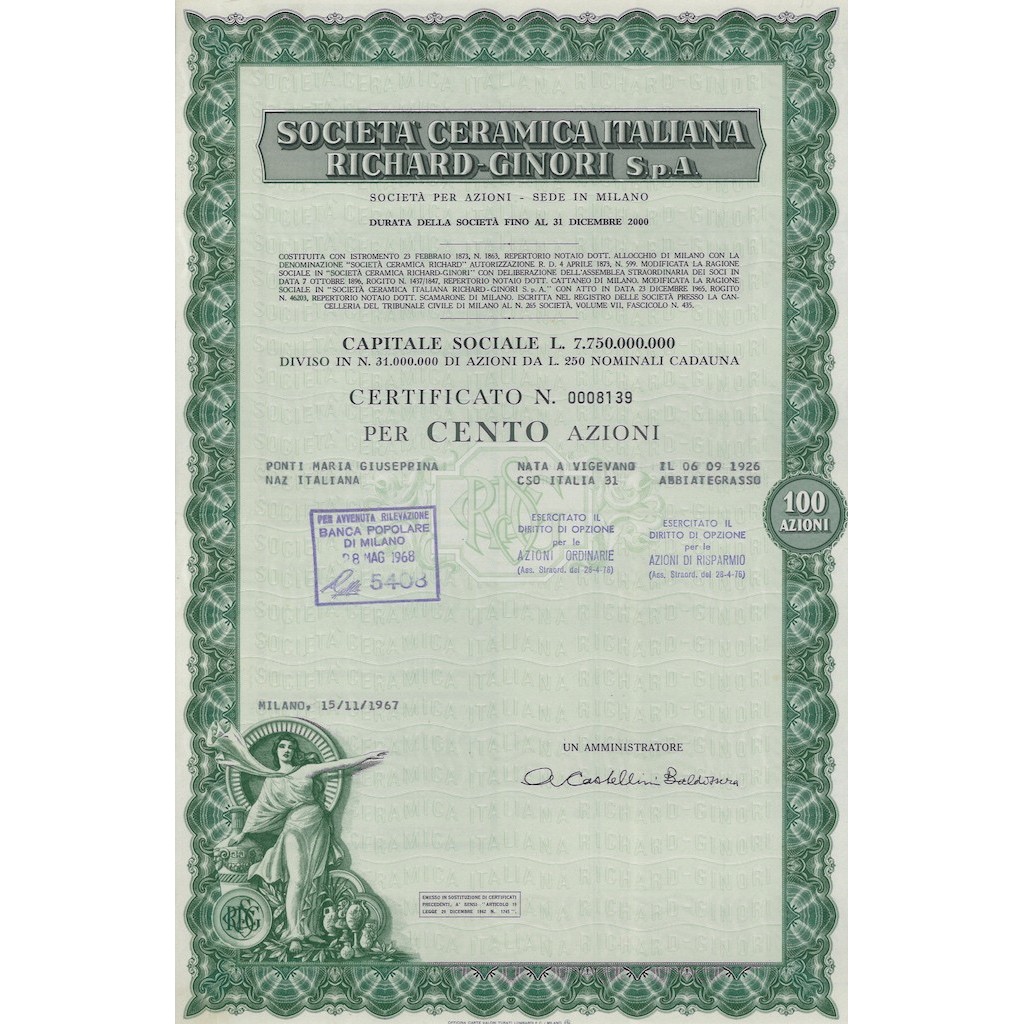 SOC. CERAMICA ITALIANA RICHARD-GINORI - 100 AZIONI MILANO 1967
