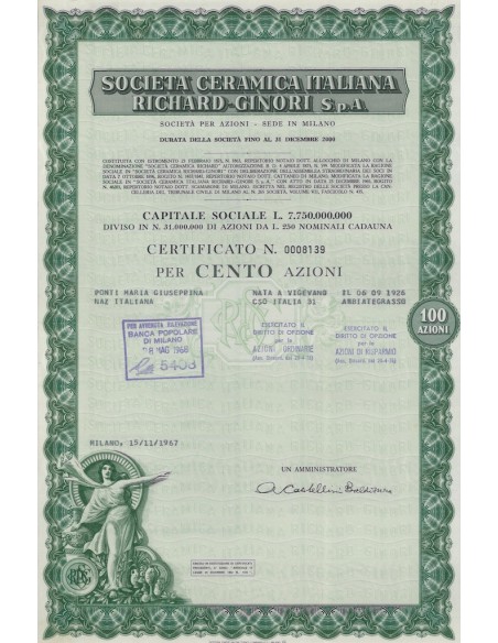 SOC. CERAMICA ITALIANA RICHARD-GINORI - 100 AZIONI MILANO 1967
