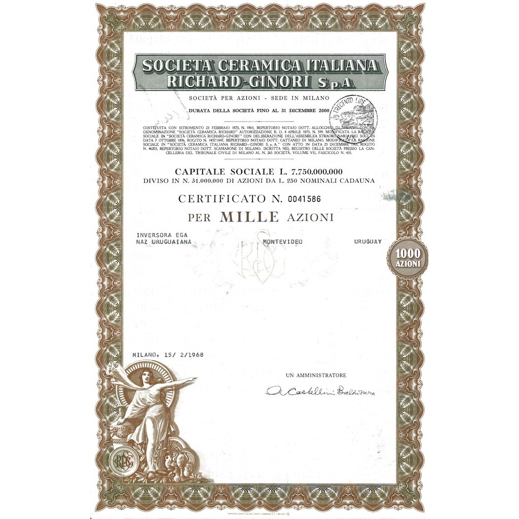 SOC. CERAMICA ITALIANA RICHARD-GINORI - 1000 AZIONI MILANO 1967