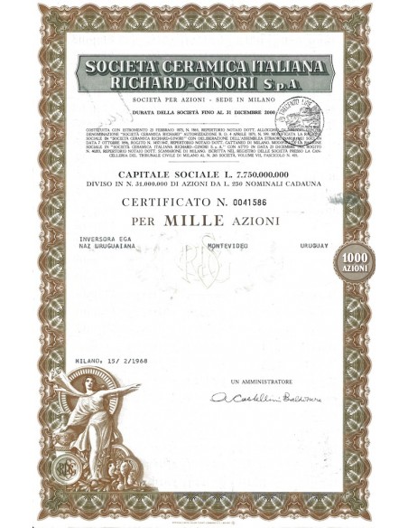 SOC. CERAMICA ITALIANA RICHARD-GINORI - 1000 AZIONI MILANO 1967