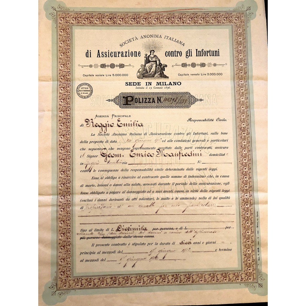 1902 - SOCIETA' ANONIMA ITALIANA DI ASSICURAZIONE CONTRO GLI INFORTUNI - REGGIO EMILIA