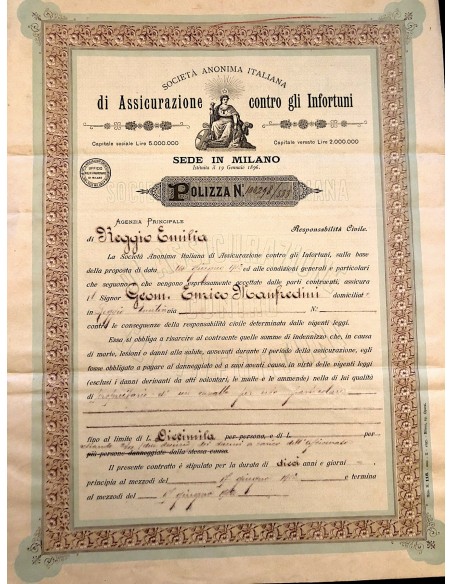 1902 - SOCIETA' ANONIMA ITALIANA DI ASSICURAZIONE CONTRO GLI INFORTUNI - REGGIO EMILIA