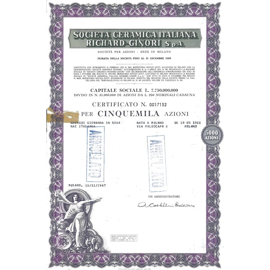 SOC. CERAMICA ITALIANA RICHARD-GINORI - 5000 AZIONI MILANO 1967