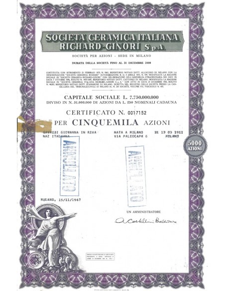 SOC. CERAMICA ITALIANA RICHARD-GINORI - 5000 AZIONI MILANO 1967