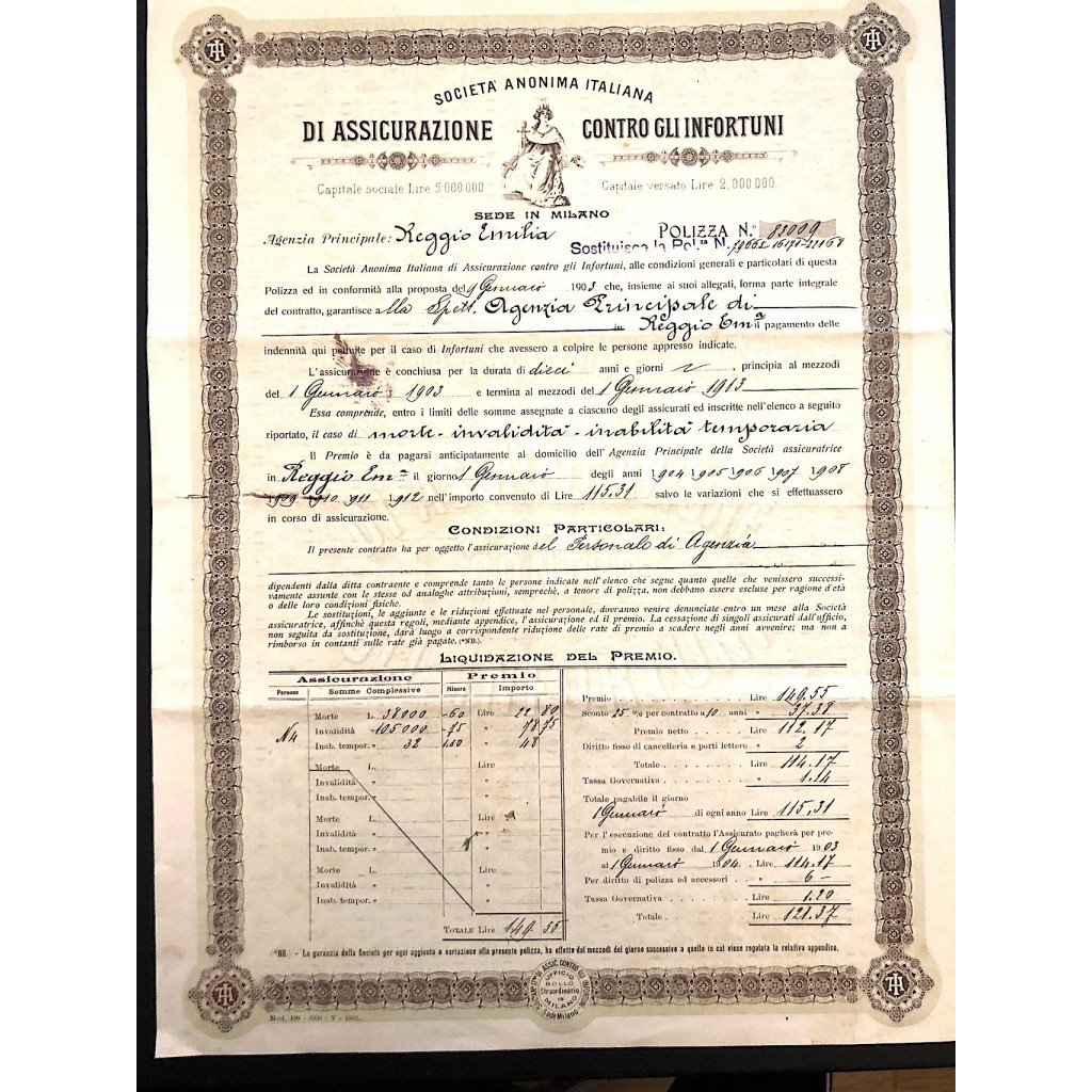 1903 - SOCIETA' ANONIMA ITALIANA DI ASSICURAZIONE CONTRO GLI INFORTUNI - REGGIO EMILIA