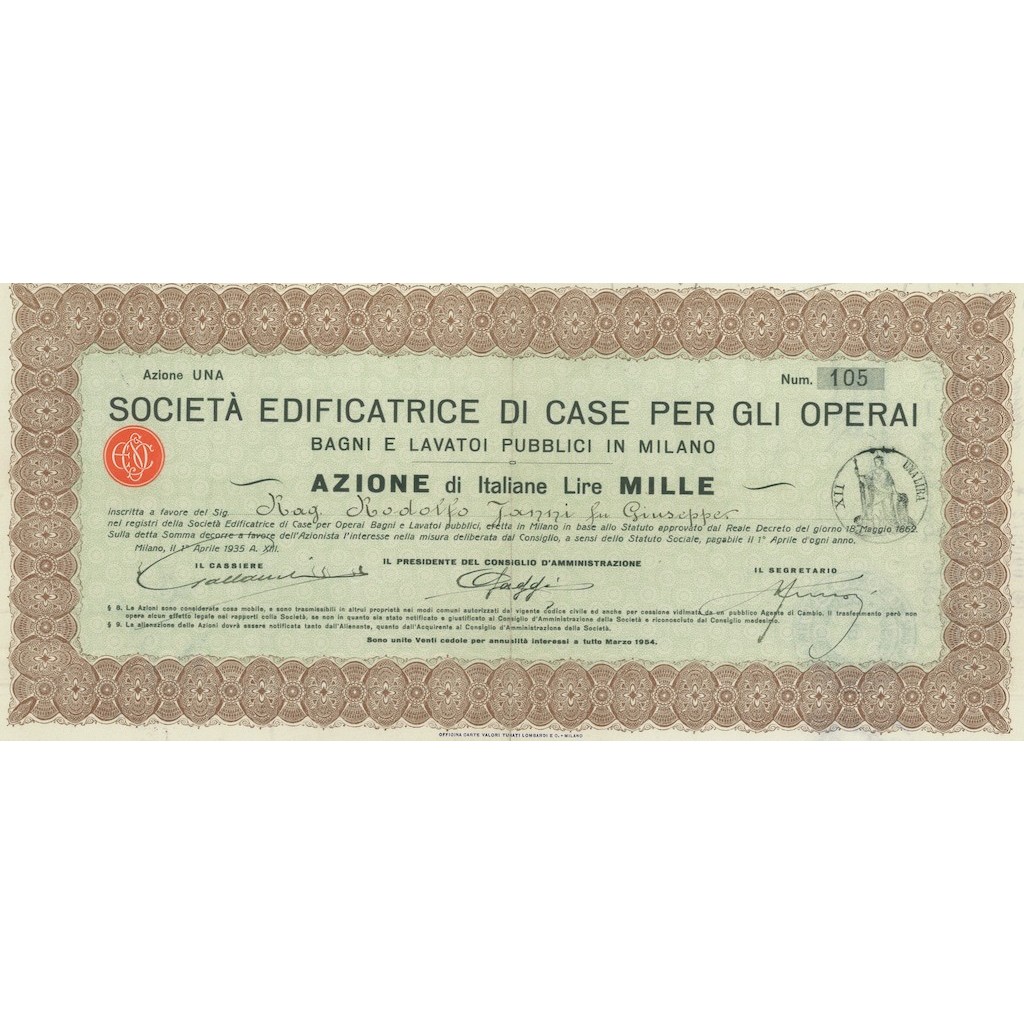 SOCIETA' EDIFICATRICE DI CASE PER GLI OPERAI AZIONE MILANO 1935