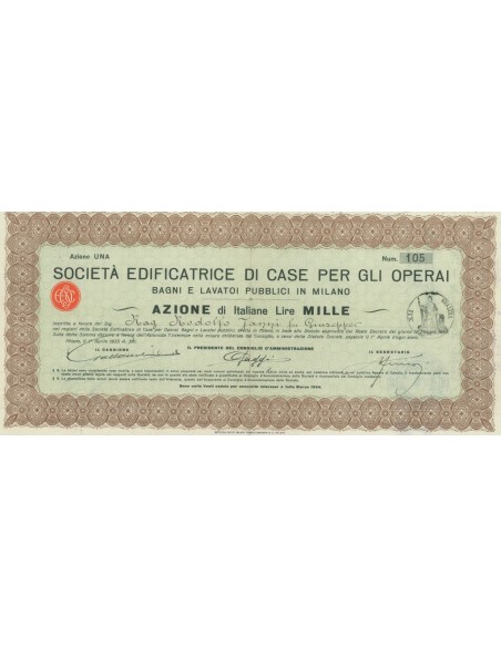 SOCIETA' EDIFICATRICE DI CASE PER GLI OPERAI AZIONE MILANO 1935