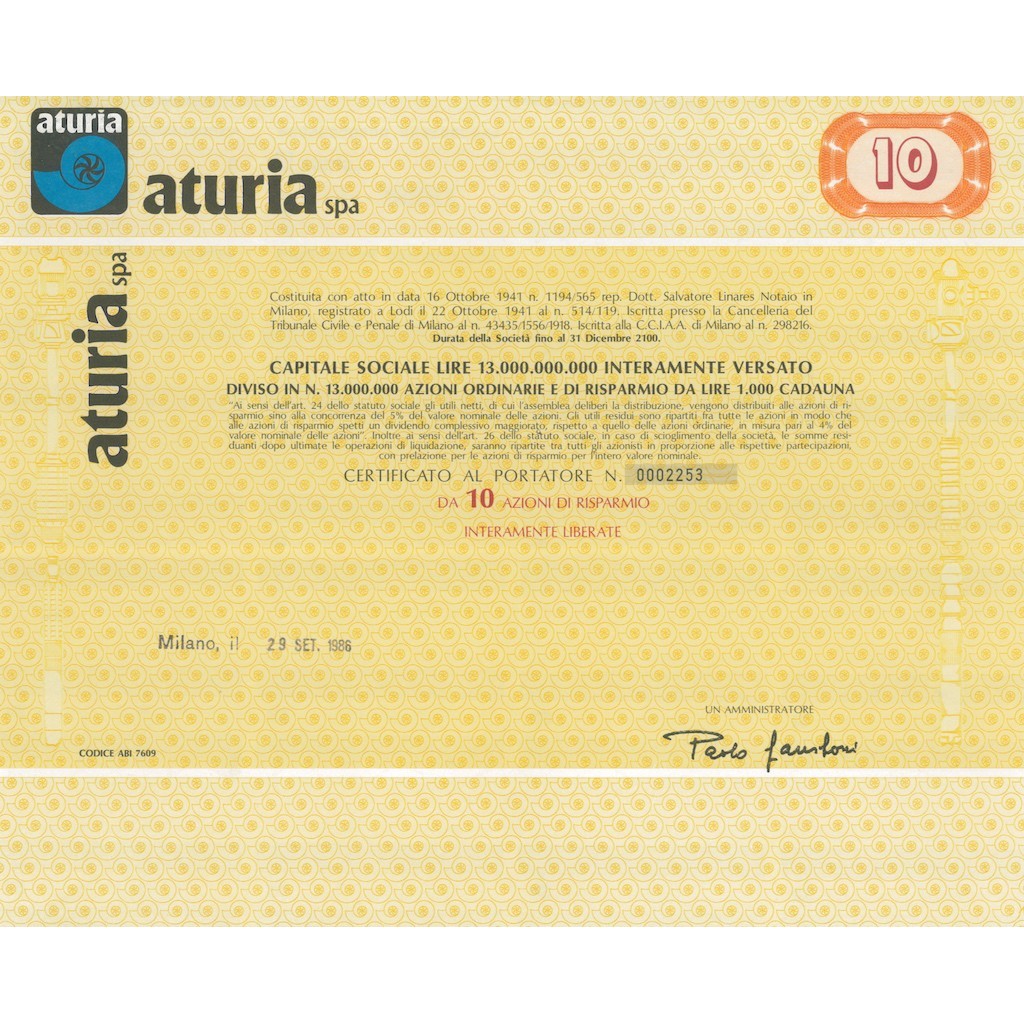 ATURIA - 10 AZIONI MILANO 1986