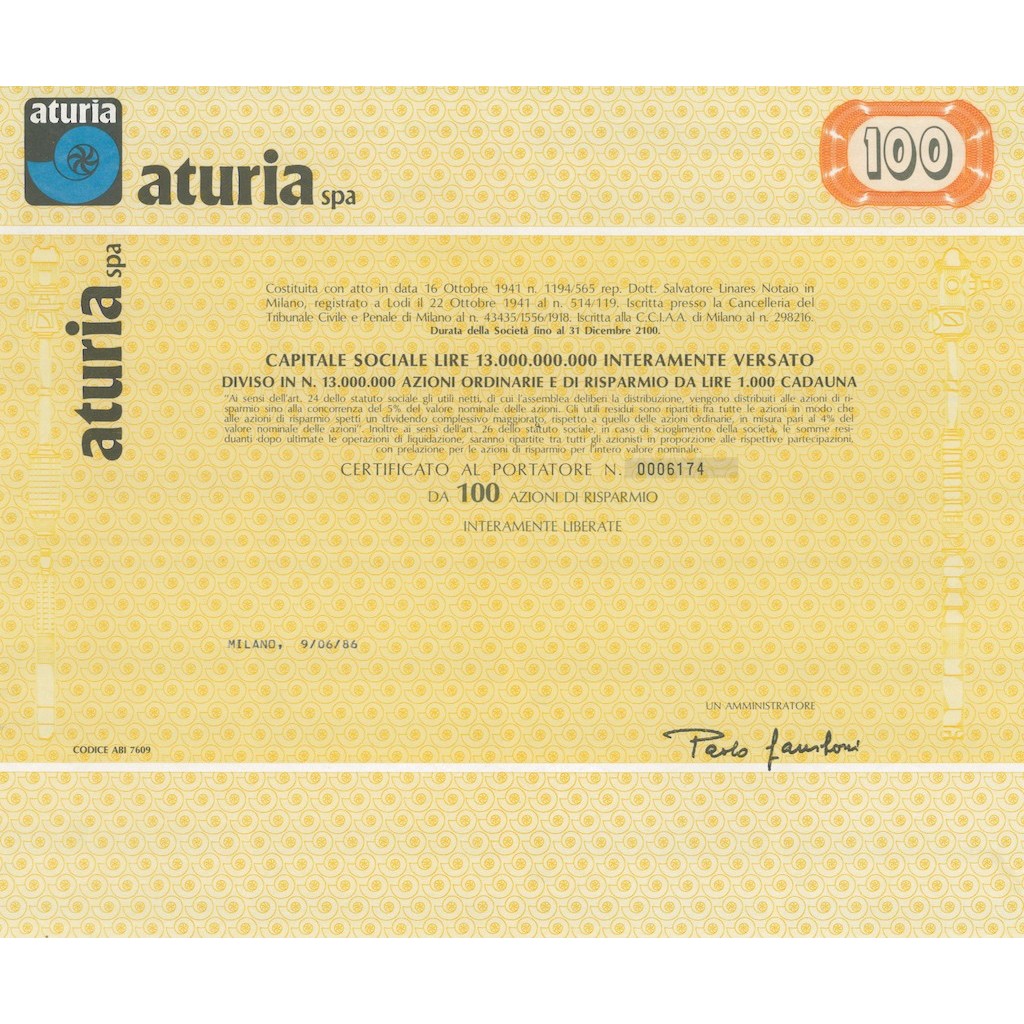 ATURIA - 100 AZIONI MILANO 1986