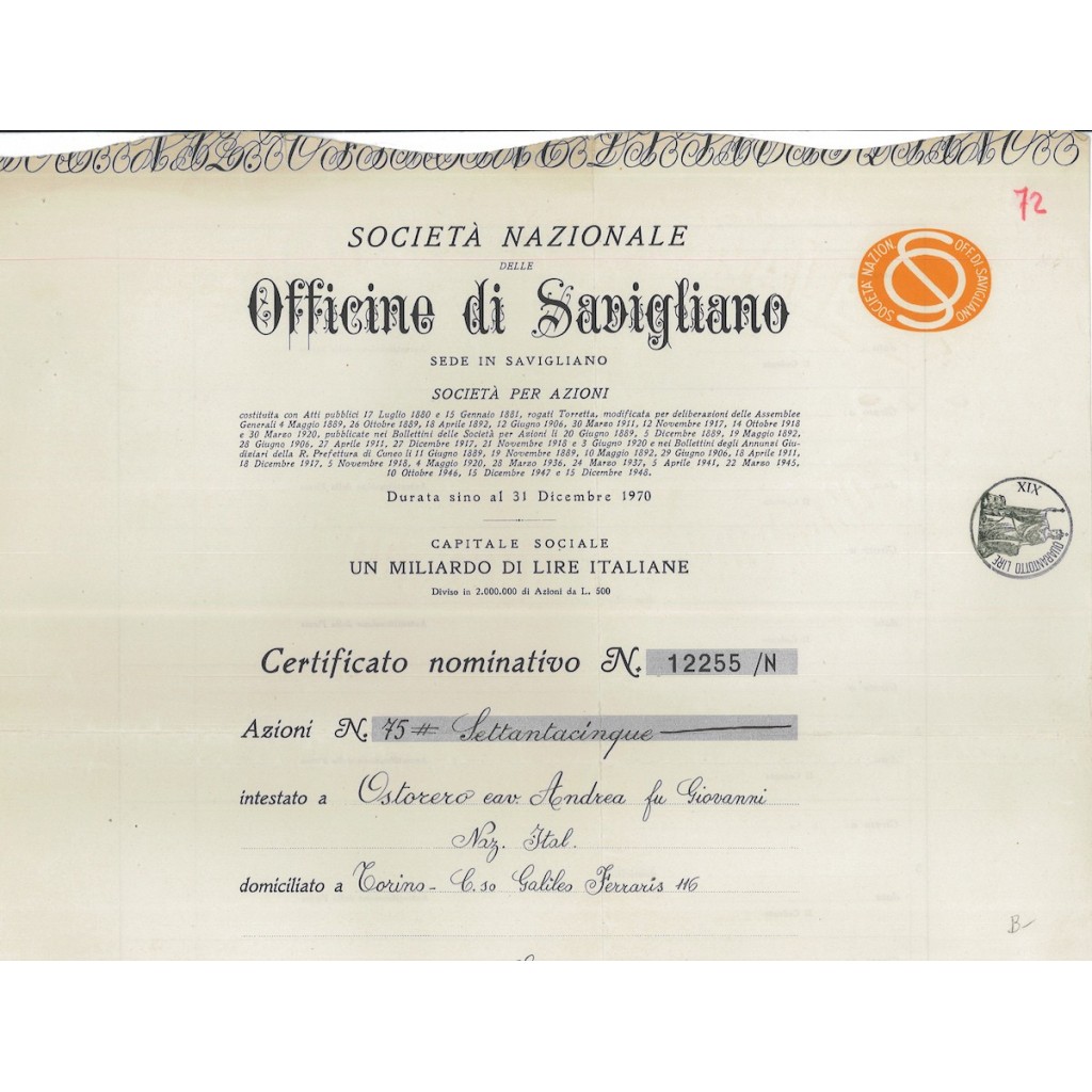 OFFICINE DI SAVIGLIANO - 75 AZIONI 1949