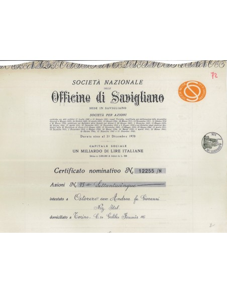 OFFICINE DI SAVIGLIANO - 75 AZIONI 1949