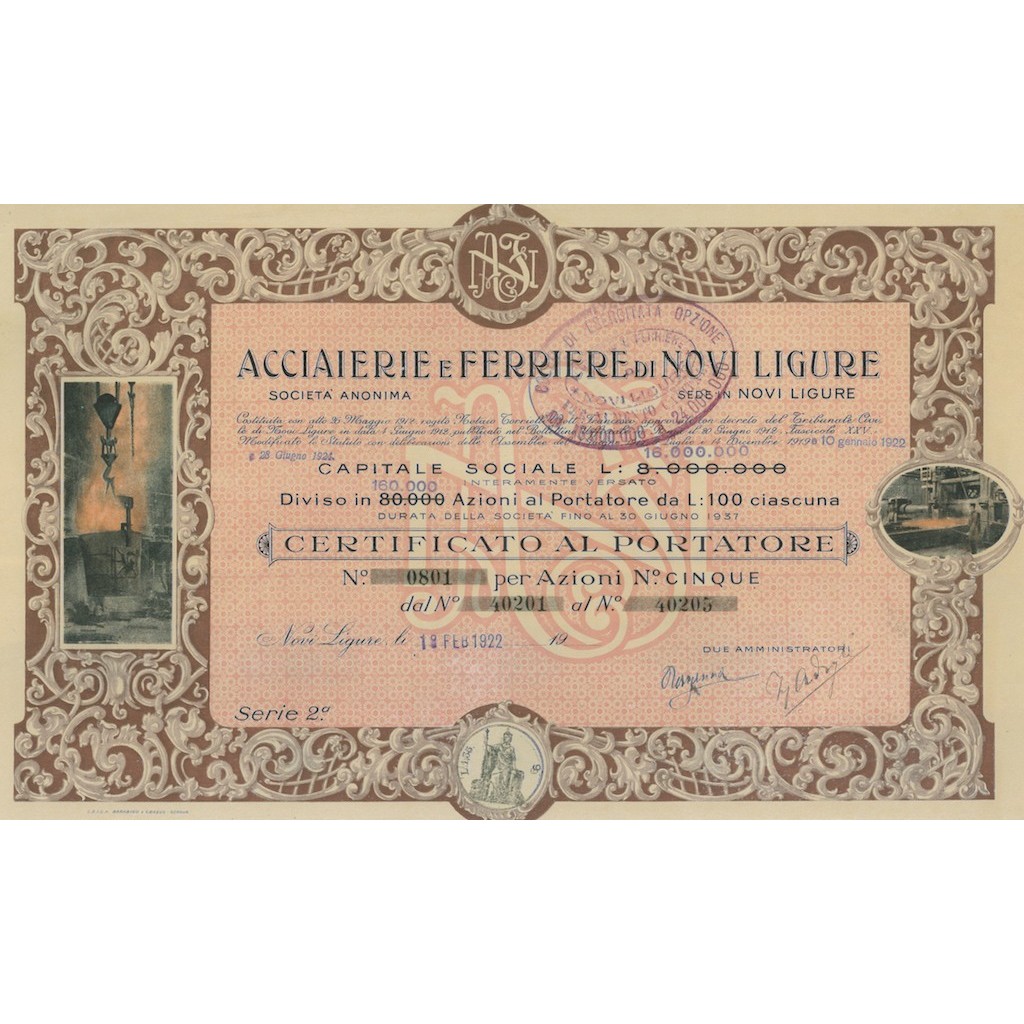 ACCIAIERIE E FERRIERE DI NOVI LIGURE - 5 AZIONI 1922
