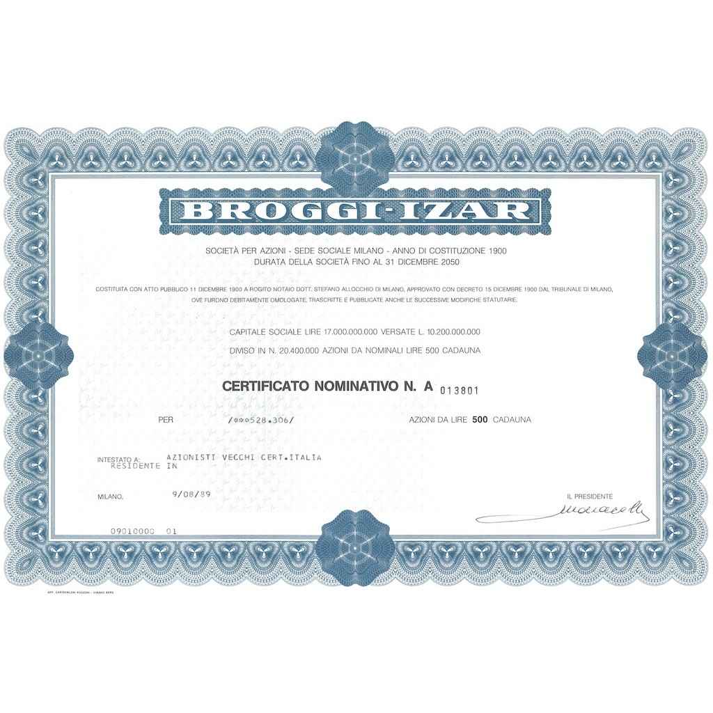 FABBRICA D`ARGENTERIA BROGGI IZAR - 5 AZIONI 1989