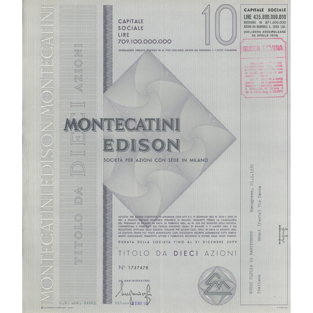 MONTECATINI EDISON - 10 AZIONI MILANO 1978
