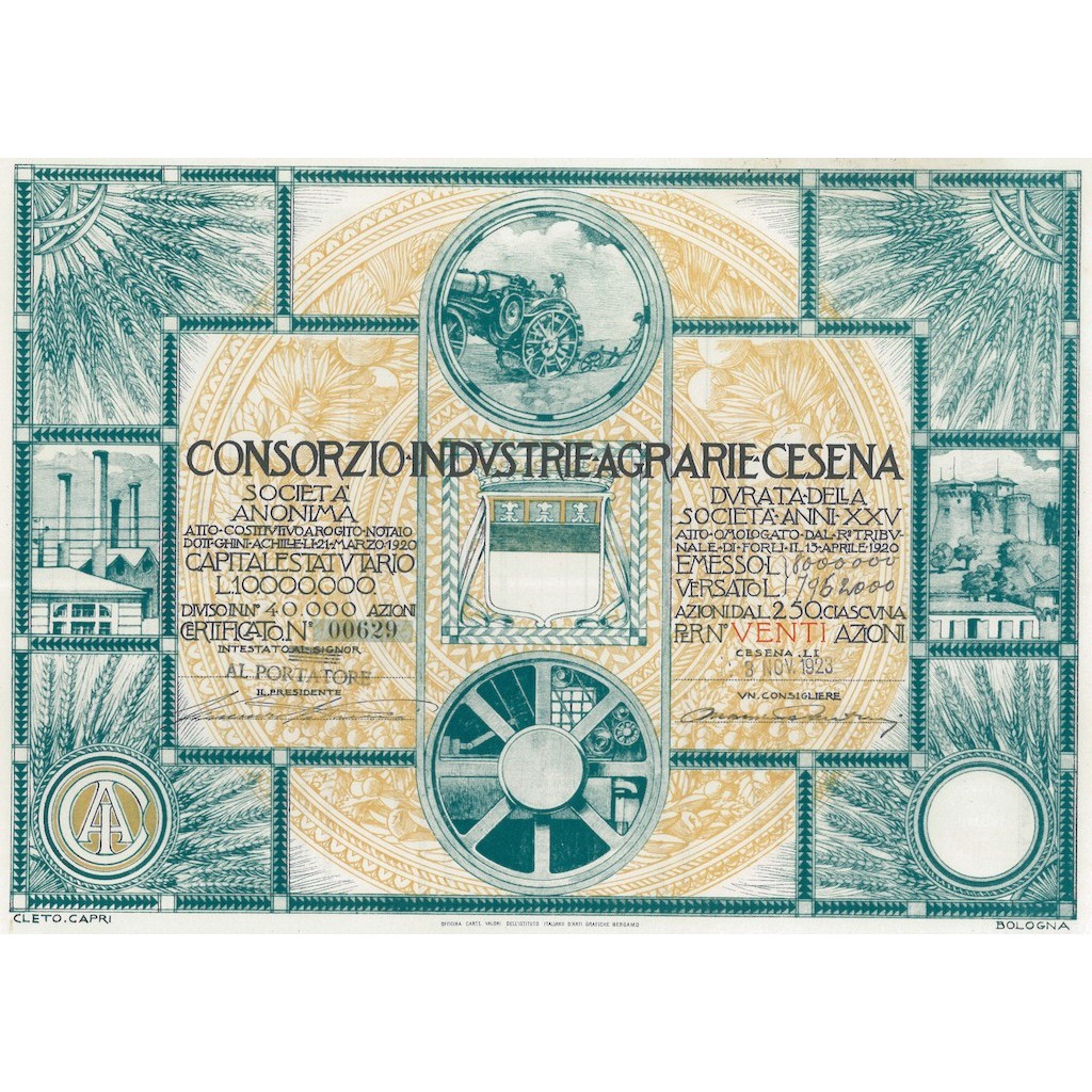 CONSORZIO INDUSTRIE AGRARIE CESENA 20 AZIONI CESENA 1923