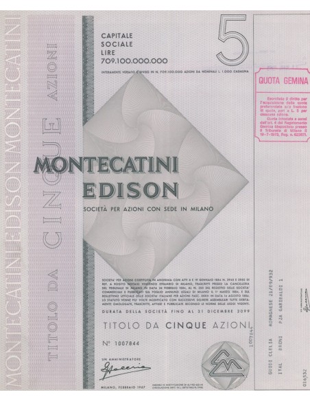 MONTECATINI EDISON 5 AZIONI MILANO 1967