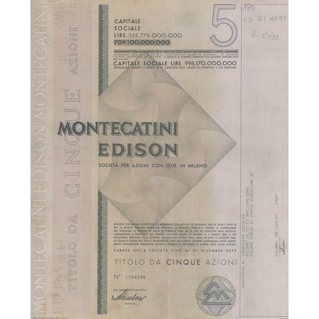 MONTECATINI EDISON 5 AZIONI MILANO 1982