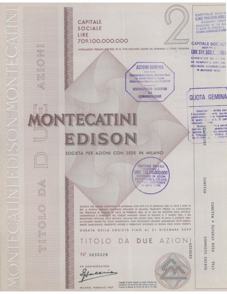MONTECATINI EDISON 2 AZIONI MILANO 1967