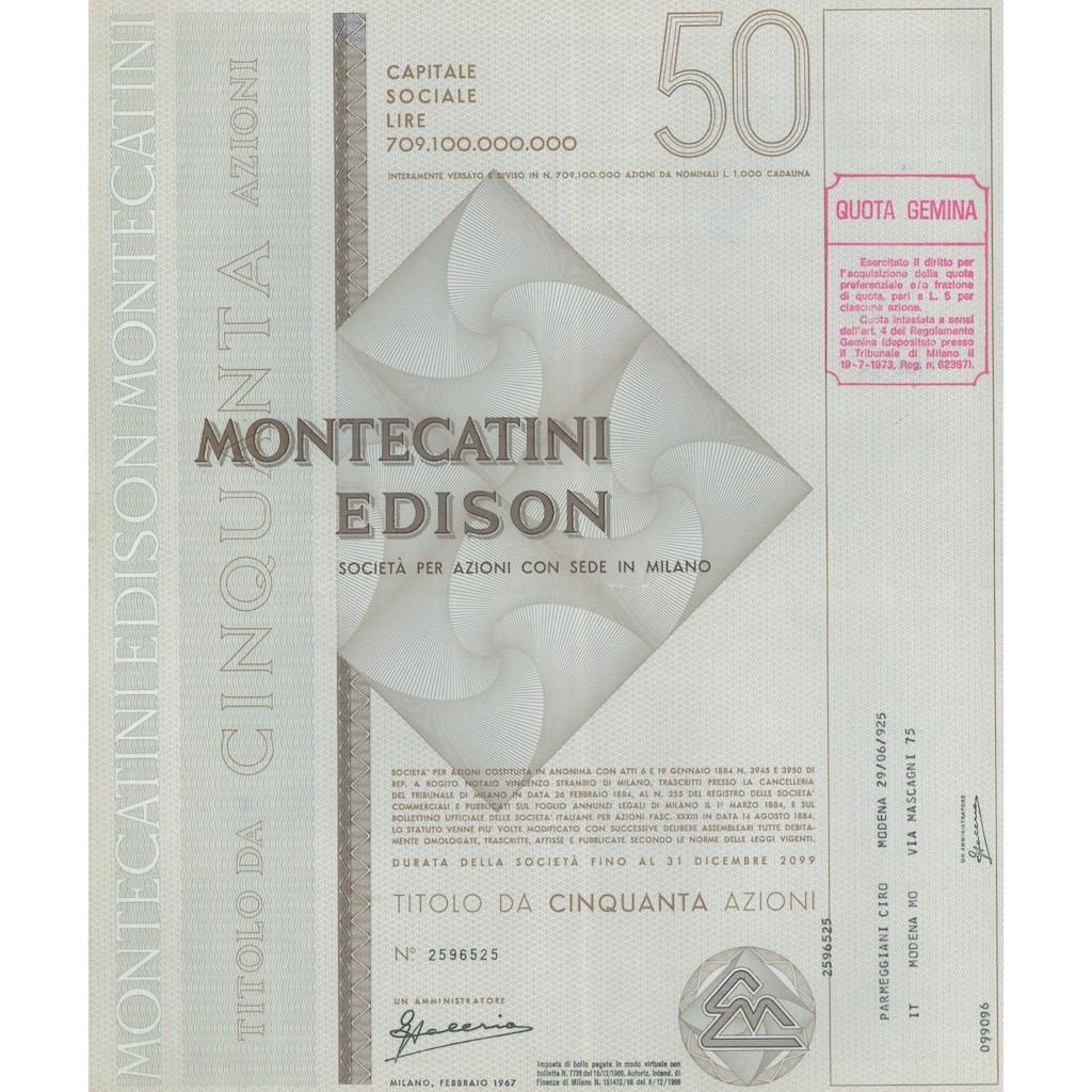 MONTECATINI - EDISON UNA AZIONE MILANO 1967