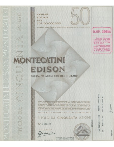 MONTECATINI - EDISON UNA AZIONE MILANO 1967