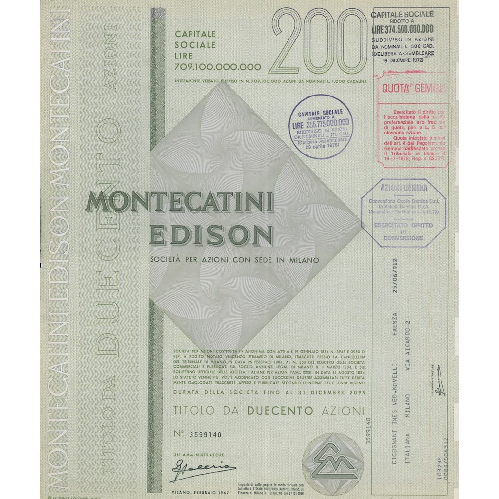 MONTECATINI - EDISON 200 AZIONI MILANO 1967