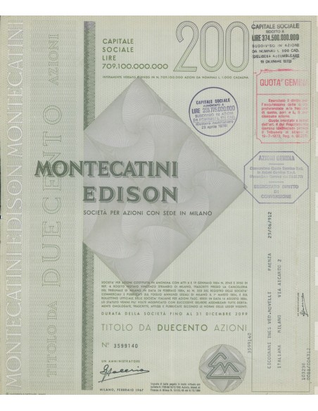 MONTECATINI - EDISON 200 AZIONI MILANO 1967