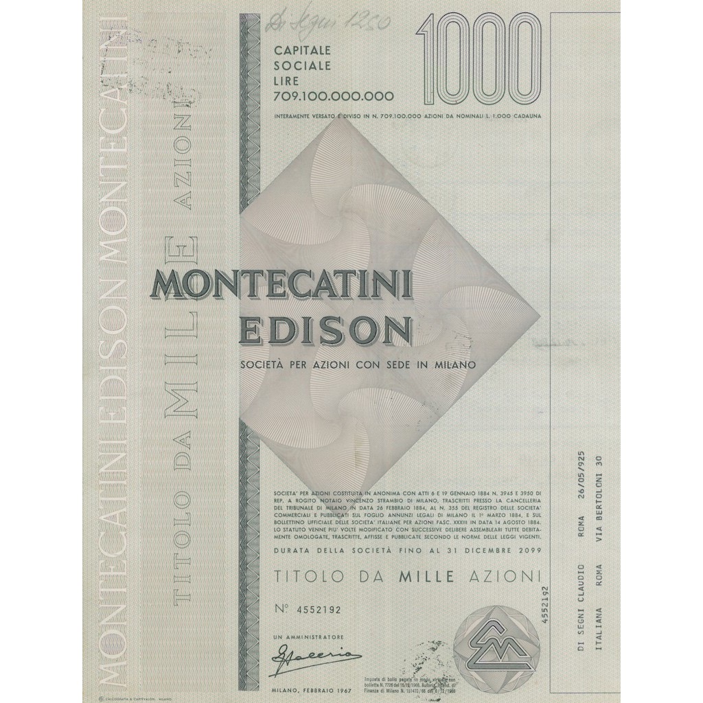 MONTECATINI EDISON 1000 AZIONI 1967