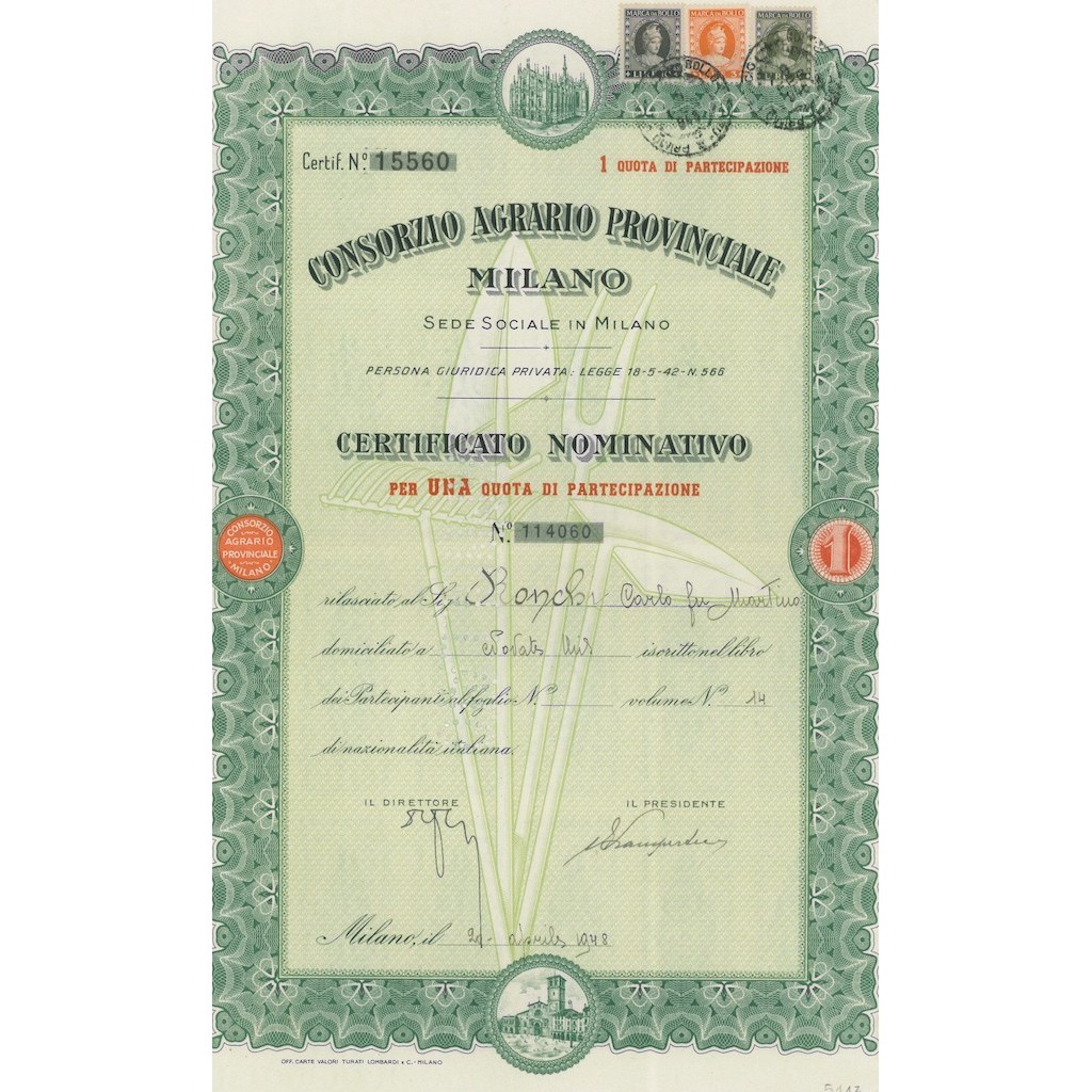 CONSORZIO AGRARIO PROVINCIALE MILANO AZIONI MILANO 1948