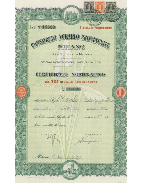 CONSORZIO AGRARIO PROVINCIALE MILANO AZIONI MILANO 1948