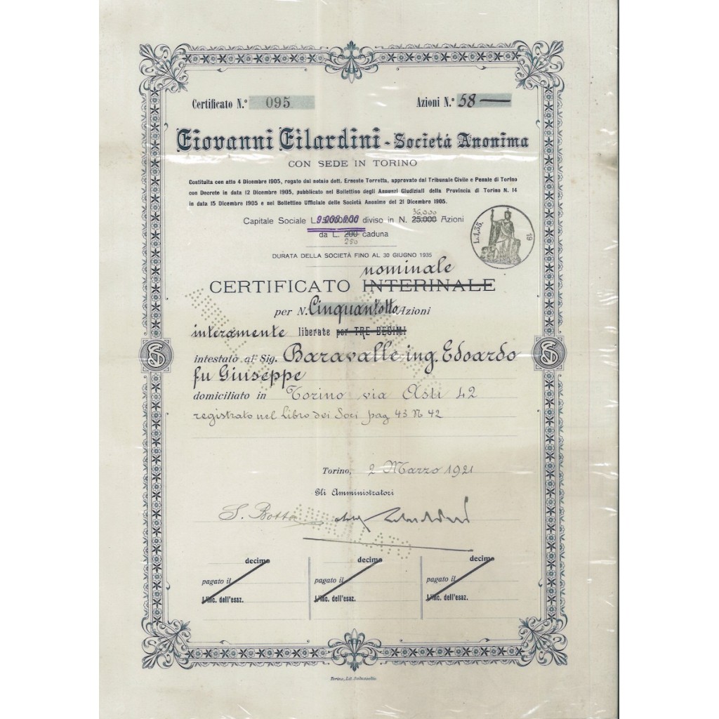 GIOVANNI GILARDINI - SOC. ANON. TORINO - 58 AZIONI - 1921