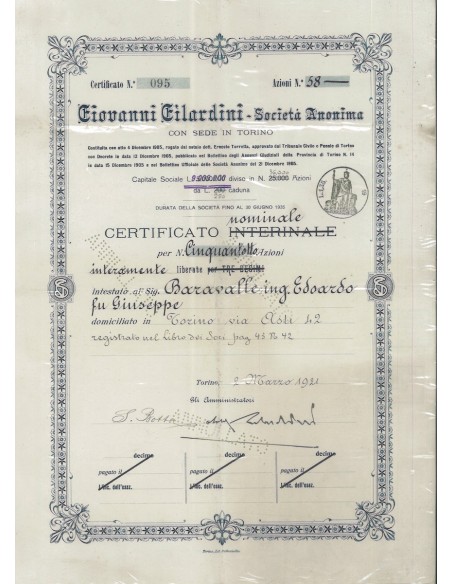 GIOVANNI GILARDINI - SOC. ANON. TORINO - 58 AZIONI - 1921