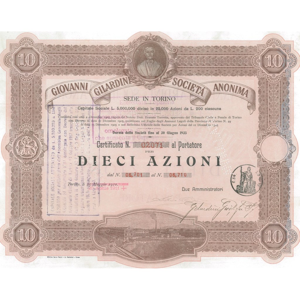 GIOVANNI GILARDINI -SOC. ANON. DIECI AZIONI TORINO 1911