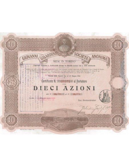 GIOVANNI GILARDINI -SOC. ANON. DIECI AZIONI TORINO 1911