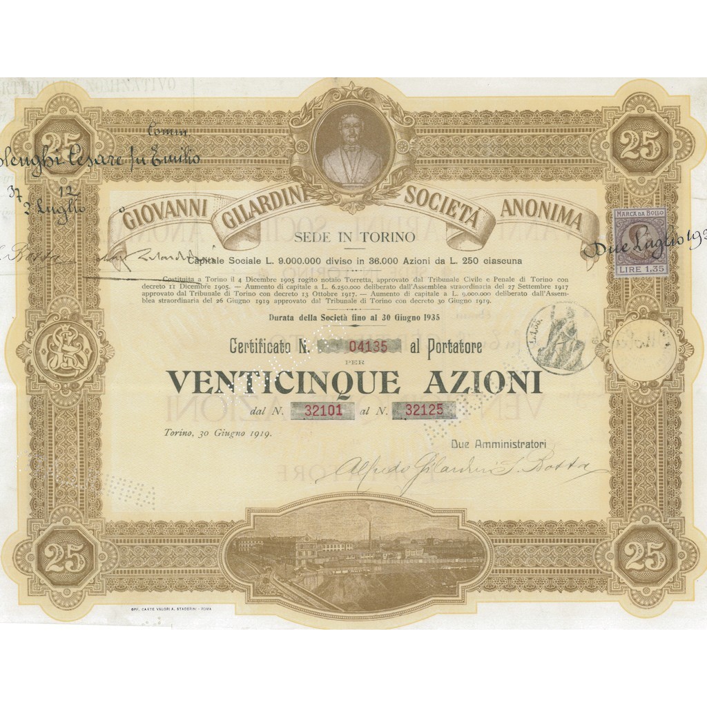 GIOVANNI GILARDINI - SOC. ANON. 25 AZIONI 1911