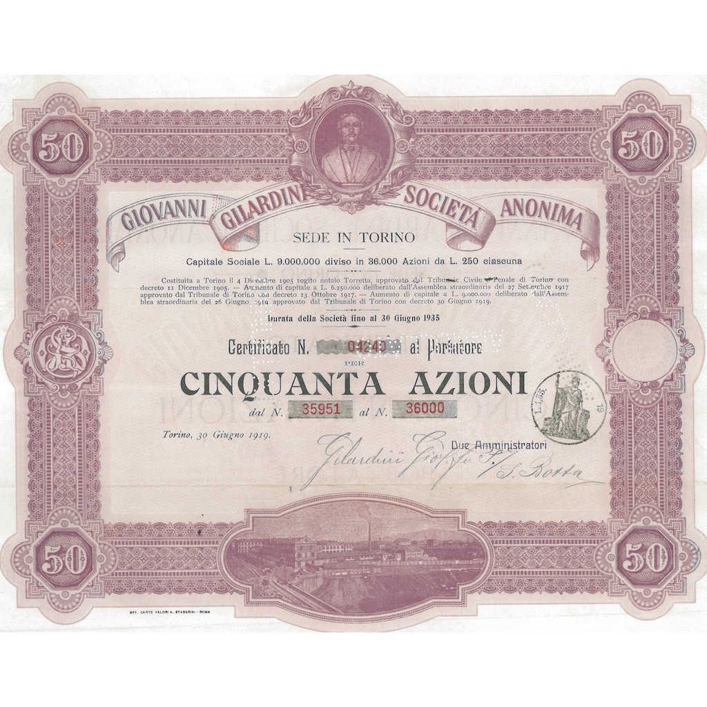 GIOVANNI GILARDINI - SOC. ANON. 50 AZIONI TORINO 1919