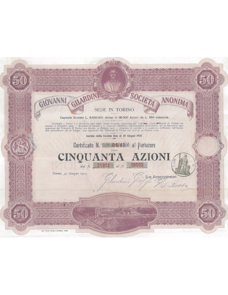 GIOVANNI GILARDINI - SOC. ANON. 50 AZIONI TORINO 1919