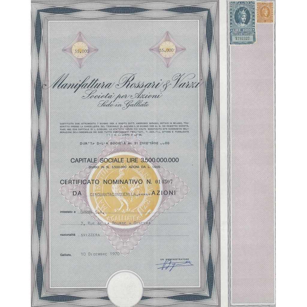 MANIFATTURA ROSSARI E VARZI - AZIONI GALLIATE 1970